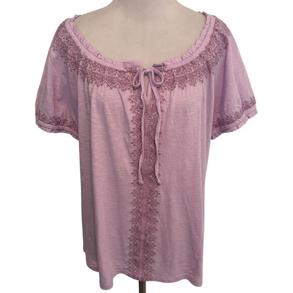 Style & Co Embroidered Top Womens Medium Lilac Knit Peasant Boho Pink-Lavender - Picture 2 of 9